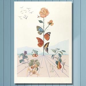 Salvador Dali Butterfly Rose Vintage Poster Canvas Wall Art,Salvador Dali Reproduction Painting Arts,Dali Print Art,Abstract Canvas Wall Art