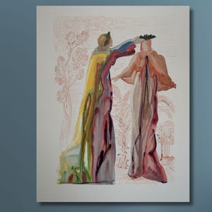 May include: An abstract painting on a white canvas depicts two figures in flowing robes. One figure, in yellow, red, and green, appears to be crowning the other, who is in shades of pink. The artwork is set against a light pink floral background.