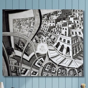 Escher and His Impossible Drawings Print Canvas, Maurits Cornelis Escher Canvas,Escher Wall Art,Abstract Decor for Home Office,Ready to Hang