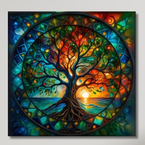 Tree of Life Mandala, Yggdrasil Painting Canvas, Mosaic Stained Glass Print, Mythology Gift, World Tree, Celtic Wall Art, Vibrant Mandala/10