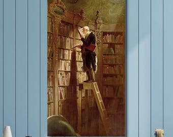 Carl Spitzweg Bookworm Library Canvas Art, Vintage Reading Room Wall Decor