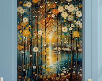 Gustav Klimt Inspired Magical Forest Moon Art Canvas Print,Gustav Klimt Art Poster Print,Modern Wall Art,Famous Canvas Wall Art,Vintage Art