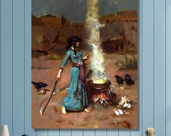 Può includere: Una stampa artistica da parete rettangolare raffigurante un dipinto di una figura in abito color ottanio in un paesaggio desertico. La figura tiene un lungo bastone vicino a un calderone luminoso che emette fumo bianco, circondata da uccelli neri.