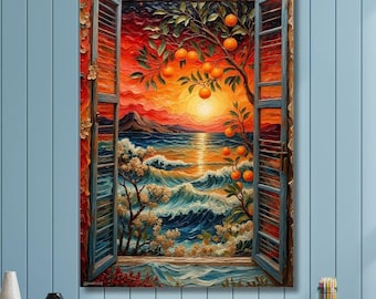 Henri Matisse Style Open Window Canvas Art: Orange Tree, Sunset, Ocean (39" Print)