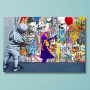 Arte de pared con globos de Banksy, impresión en lienzo, arte de pared con lienzo de Banksy, arte de pared con grafiti de niña con globos, decoración del hogar con lienzo de Banksy