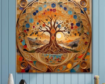 Può includere: Un'opera d'arte murale quadrata che raffigura un albero centrale con radici e rami intricati, circondato da una cornice circolare. L'immagine mostra un paesaggio al tramonto con montagne, calde tonalità dorate e accenti floreali colorati.