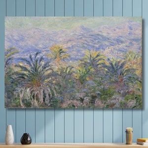 Reproducción de arte en lienzo o póster de Palmeras en Bordighera de Claude Monet, arte mural en lienzo clásico de Monet, pintura impresionista de arte moderno