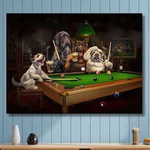 Dogs Playing Billiards Canvas Painting, Dogs Playing Billiards in the Bar Canvas Poster Dogs in the Bar Print Art, Man Cave, Game Room Decor