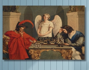 Faust And Mephistopheles Playing Chess Canvas Frederich August Moritz Faust And Mephistopheles Playing Ches,German Artist Abstract Wall Art
