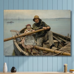 Helping Hand, 1881, Emile Renouf, Old Fisherman helping young girl to row the boat,Extra Large Wall Art,Ready To Hang