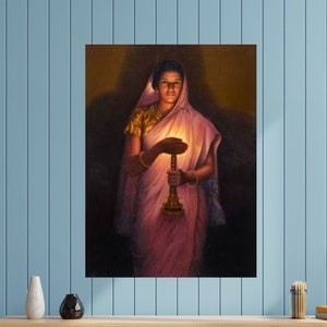 Glow Of Hope by Raja Ravi Varma Paintings,Lady With The Lamp Poster Canvas Wall Art,Lady With The Lamp Print,Indian Painting Canvas Wall Art