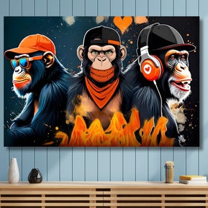 Monkeys Canvas Wall Art, No See No Hear No Speak Monkey Poster, Three Wise Monkeys Wall Art, Monkey Art Print, Abstract Monkey Print Gift
