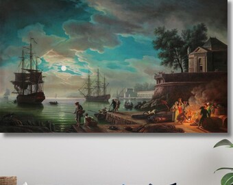 Claude Joseph Vernet Seaport by Moonlight Art Canvas Wall Art