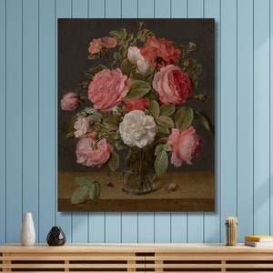 Jacob van Hulsdonck Canvas wall art,Roses in a Glass Vase,art prints,Vintage art,famous art prints,Ready to Hang,Home Decor, modern  decor