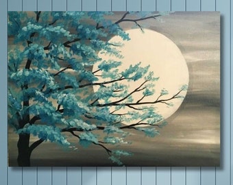 Moon poster,Moon and Tree Wall art,blue tree and full moon canvas wall art ,full moon canvas painting ,landscape canvas print, ready to hang