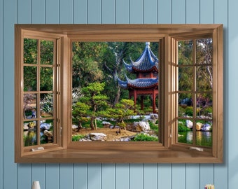 Window View Canvas open window canvas,Japanese Castle on Mountainside,Japanese Art,Asian Art,Wall Art with a View, Ready to Hang