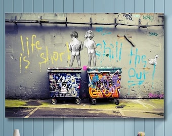 Banksy Life Is Short, Banksy Canvas, Banksy Two Boys, Wall Art Canvas, Wall Art Print, Graffiti Painting, Urban Art, Graffiti Wall Decor,