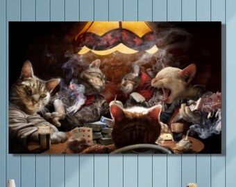 Cards Canvas Wall Decor,Cats Playing Poker Poster Print Art,Canvas Wall Art,Cats With Playing Game Room Wall Art Decor,Man Cave Wall Decor