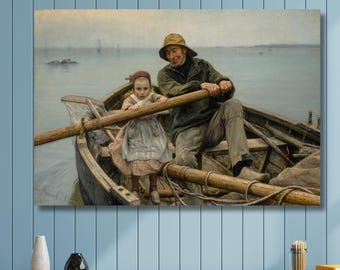 Helping Hand, 1881, Emile Renouf, Old Fisherman helping young girl to row the boat,Extra Large Wall Art,Ready To Hang