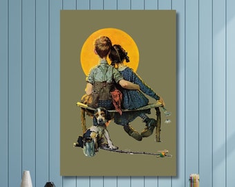 Norman Rockwell canvas wall art,Famous Painter, Boy And Girl Gazing At The Moon,Puppy Love,Vintage Prints,Vintage Decor,Valentin’s Day Art