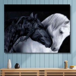 Black and White horse canvas wall art , Noble horses canvas painting , Pair Horses Canvas, Horse canvas poster,ready to hang canvas print