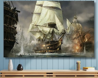 Cuadro de barco pirata vintage, decoración de mar tormentoso