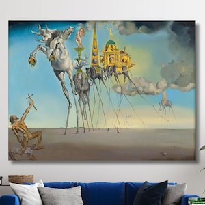 May include: Surrealist painting depicting a white horse with long legs, a golden building, and a man holding a cross. The painting is set against a blue sky with clouds.