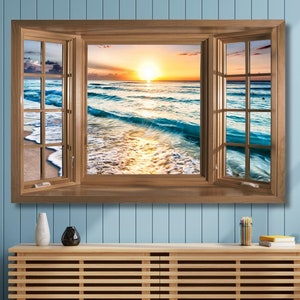 Beach Window Scene Canvas Wall Art Window View Sea Wall Hanging Decor Open Window Special Design Nature Scene Wall Decor Giclée Print