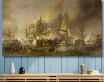 Pintura de la Batalla de Trafalgar de William Clarkson Stanfield, reproducción artística, lienzo para pared, póster de barco, decoración del hogar, vintage, arte clásico/1