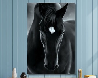 Black Horse Canvas Print Art,Black Horse Print on Canvas,Wild Horse Painting,Horse Canvas Wall Art,Black Horse Poster,Animal Large Wall Art