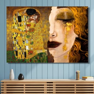 Gustav Klimt Kiss and Freya&#39;s Tears Canvas, Canvas Wall Art, Custom Wall Decor, The Golden Tears, Woman Wall Decor, Famous Canvas Decor,