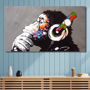Banksy scimmia pensante, scimmia DJ, scimmia Banksy, scimpanzé con le cuffie, dipinto di Banksy, tela con cornice nera, stampa artistica da parete, arte su tela scimmia