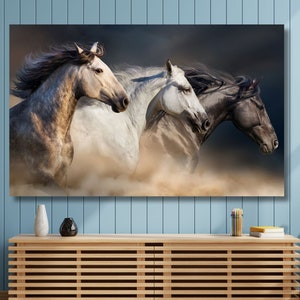 Laufende Pferde Leinwand Poster, Wilde drei Pferde, extra große Leinwand, große Pferdewanddekoration, moderne Tierwandkunst, Wanddekoration Wohnzimmer