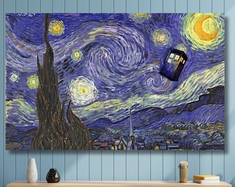 Van Gogh Starry Night Inspired ,Doctor Who TARDIS Canvas Wall Art / Poster Home Decor , Whovians Fandom Gift ,TV Series ,Ready to Hang