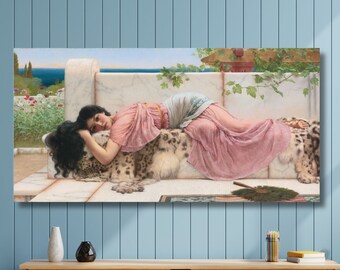 John William Godward Wall Art, When the Heart is Young Canvas Print, When the Heart is Young Art, Lovely Lady Dreaming Canvas, Couple Gift