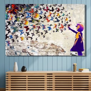 Graffiti Art,Banksy Canvas Home wall art Banksy Wall Art, Graffiti Wall Art,Colorful Butterfly Girl Canvas Wall Art Banksy Canvas Wall Art