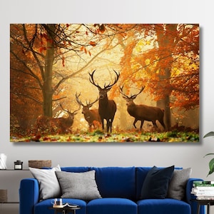 Arte murale su tela con cervi nella foresta, regalo per gli amanti dei cervi, stampa poster con cervi nella foresta, tela con paesaggio forestale, arte su tela con foglie autunnali