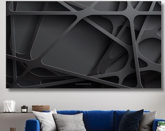 May include: A rectangular wall art piece featuring a dark gray abstract design of overlapping, interconnected geometric lines and organic shapes that create a layered, three-dimensional effect against a solid dark gray background.