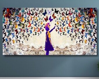 ストリートアート 少女と蝶 ☆ 【額入り】超巨大バンクシー バクシア 壁装飾/モダン キャンバス/ストリートアート バンクシー 蝶を抱く少女 バンクシー 絵画