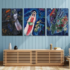 Zestaw 3 obrazów ściennych Marc CHAGALL Canvas, plakat Marc CHAGALL Bride and Goat, plakat wystawowy Chagall La Mariee, surrealizm