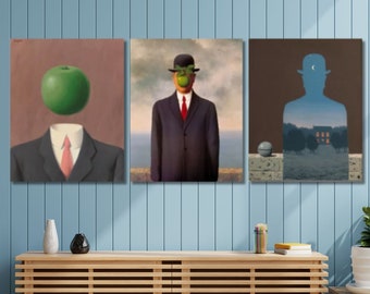 Set of 3 René Magritte Paintings Canvas Wall Arts,René Magritte The Happy Donor Print Arts,René Magritte Artworks,Famous Canvas Wall Arts