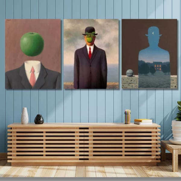 Set of 3 René Magritte Paintings Canvas Wall Arts,René Magritte The Happy Donor Print Arts,René Magritte Artworks,Famous Canvas Wall Arts