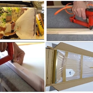 May include: A close-up of a canvas print being stretched onto a wooden frame using a staple gun. The print features a photo of two girls in white dresses. The canvas is then packaged in a cardboard box for shipping.