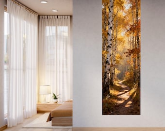 Autumn Birch Tree Path Canvas Art, Long Vertical Forest Print