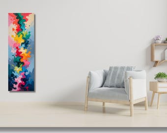 カラフルな抽象的なキャンバスアート、縦長の絵画、モダンな室内装飾