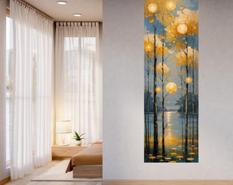 Art Nouveau Tree Waterscape Canvas Wall Art, Vertical Landscape Decor