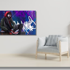 May include: A digital illustration of Spider-Man in a black and red suit sitting on a ledge against a purple and blue graffiti background.