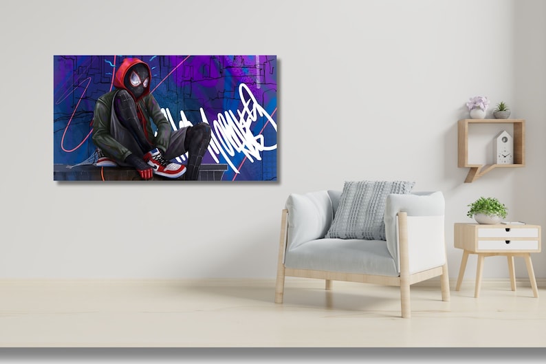 May include: A digital illustration of Spider-Man in a black and red suit sitting on a ledge against a purple and blue graffiti background.