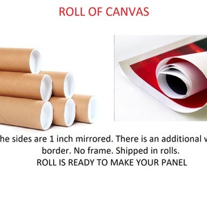May include: A roll of canvas is wrapped around a cardboard tube. The sides of the canvas are mirrored with a white border. The text "ROLL OF CANVAS" is at the top of the image. The text "The sides are 1 inch mirrored. There is an additional white border. No frame. Shipped in rolls. ROLL IS READY TO MAKE YOUR PANEL" is at the bottom of the image.