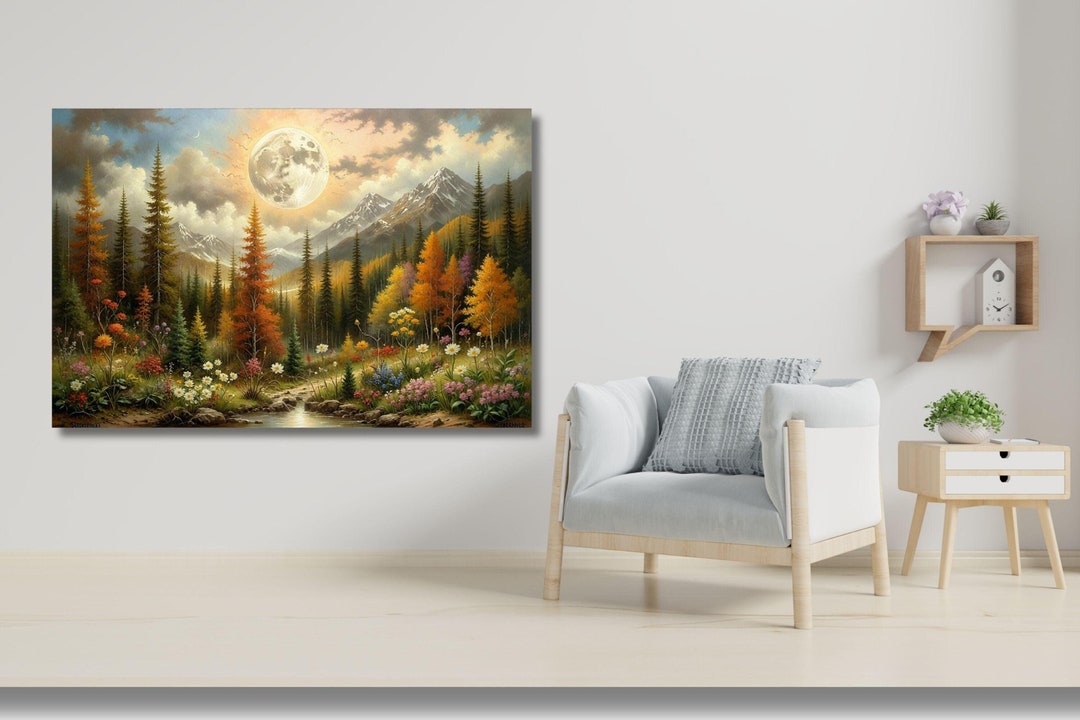 Wildflower Pine Tree Forest Painting, Full Moon Wall Art, Alpine Meadow ...